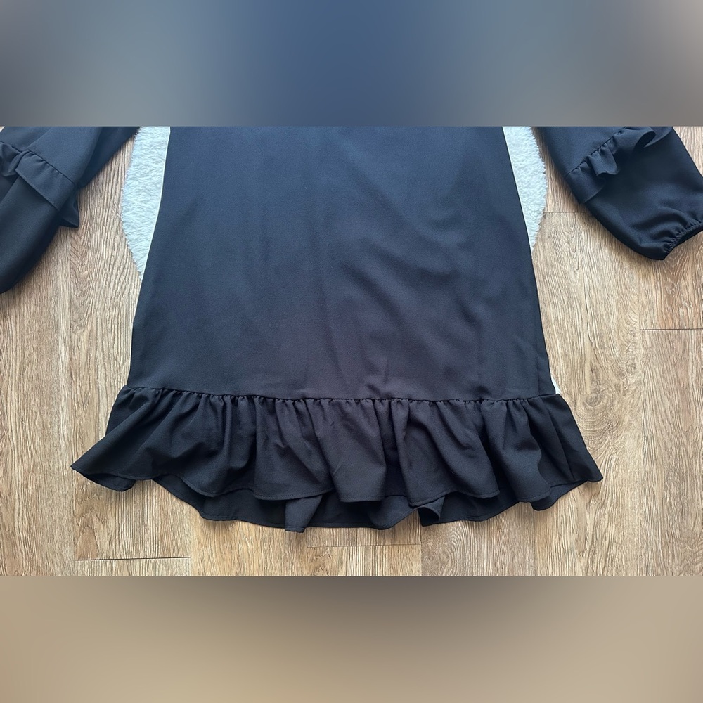 Aqua Black Ruffled Long Sleeve V-Neck CLASSIC Shift Dress Size Small - Picture 4 of 6